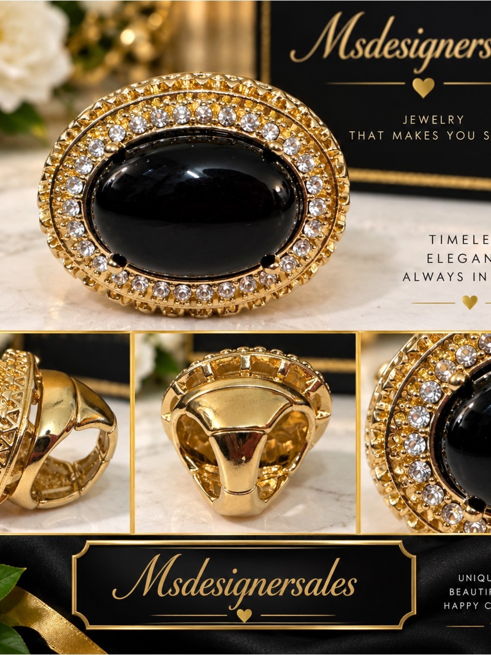 Gold Ring with Black Cabochon and Crystal Halo